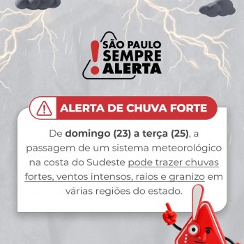 Defesa Civil emite novo alerta para chuvas fortes no Estado de São Paulo entre domingo (23) e terça-feira (25)